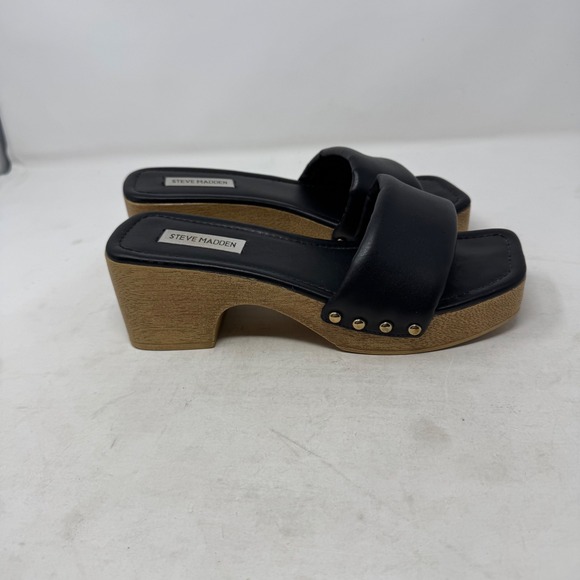 Steve Madden Black Leather Padded Square Toe Platform Slide Sandals Size 8 - Picture 6 of 12
